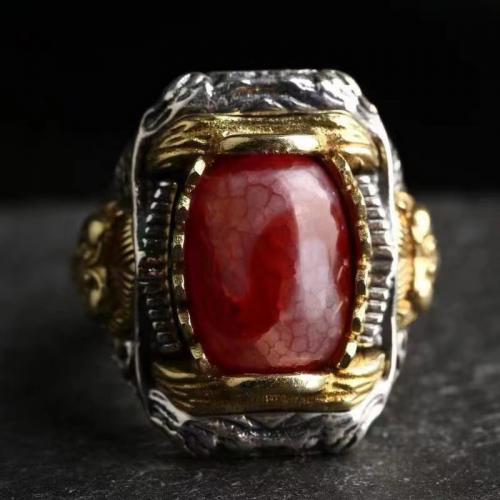 Ορείχαλκος Δέσε δάχτυλο του δακτυλίου, με Θιβέτ αχάτη, επιχρυσωμένο, Vintage & ρυθμιζόμενο & για τον άνθρωπο, Μέγεθος:7-10, Sold Με PC