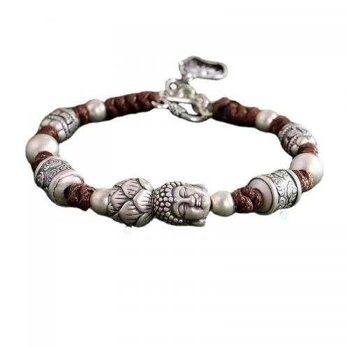 Brass Bracelet, with Polyester Cord, Buddha, silver color plated, vintage & Unisex, Length:Approx 7 Inch, Sold By PC