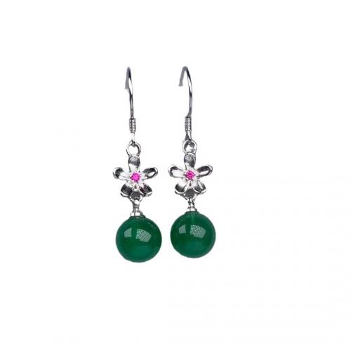 Brass Drop Earring with Green Calcedony Flower silver color plated for woman & with rhinestone Sold By Pair