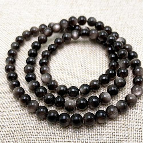 Silver Obsidian Bracelet Round three layers & Unisex 6mm Sold By Strand