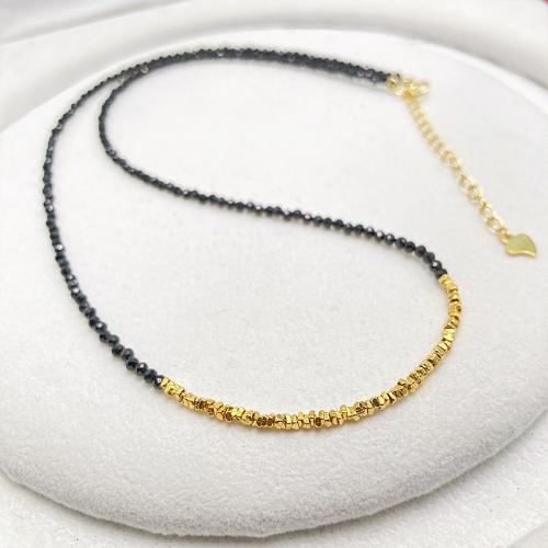 Preto+Spinel colar, with 925 de prata esterlina, cromado de cor dourada, joias de moda & para mulher, comprimento Aprox 15.4 inchaltura, vendido por PC
