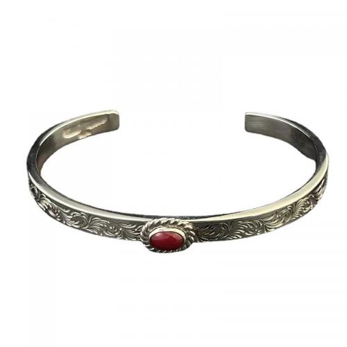 Brass Cuff Bangle, with Red Jasper, silver color plated, vintage & Unisex, Inner Diameter:Approx 60mm, Sold By PC