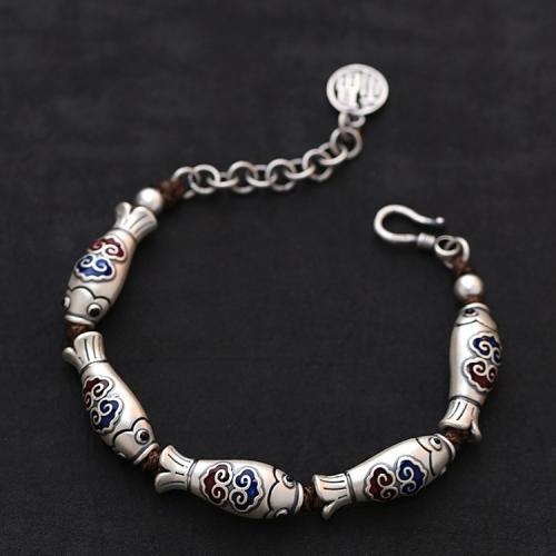 Brass Bracelet, Fish, silver color plated, vintage & Unisex & enamel, Length:Approx 7 Inch, Sold By PC