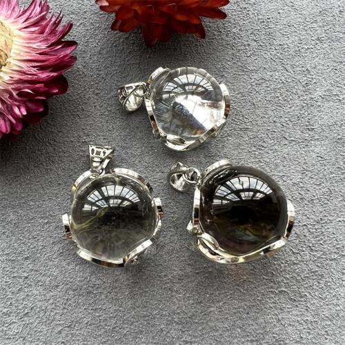 Pendentifs quartz naturel, quartz clair, avec laiton, Rond, Placage de couleur argentée, bijoux de mode & DIY, transparent, Vendu par PC