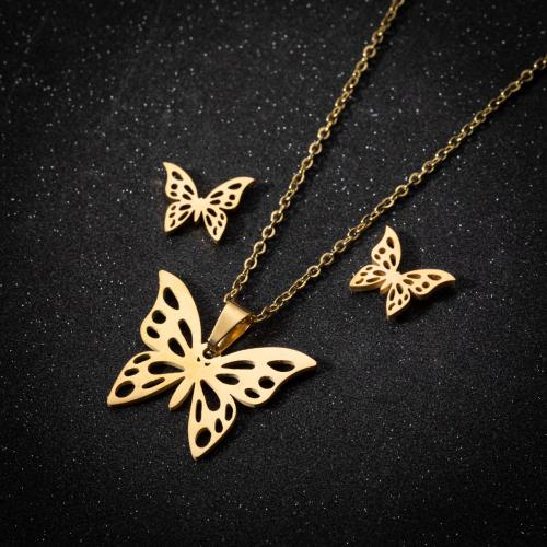 Fashion Stainless Steel Jewelry Sets Stud Earring & necklace 304 Stainless Steel with 5cm extender chain Butterfly Vacuum Ion Plating fashion jewelry & for woman & hollow Length Approx 40 cm Sold By Set