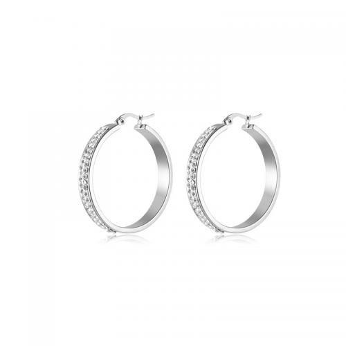Stainless Steel Hoop Earring, 304 Stainless Steel, fashion jewelry & for woman & with rhinestone, nickel, lead & cadmium free, 40x6mm, Sold By Pair