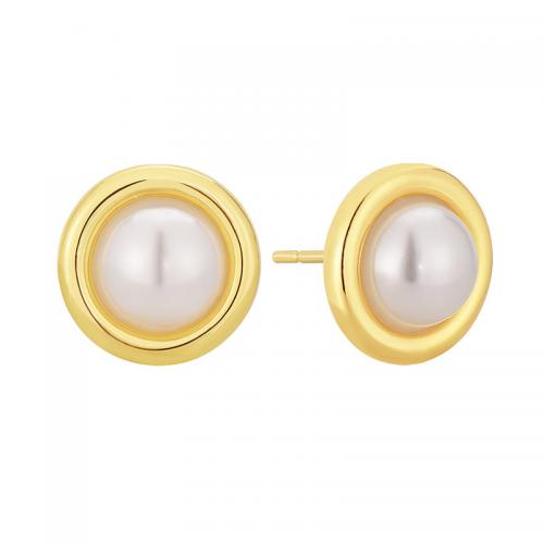 Brass Stud Earring, with Shell Pearl, Round, 18K gold plated, fashion jewelry & for woman, nickel, lead & cadmium free, 10x10mm, Sold By Pair