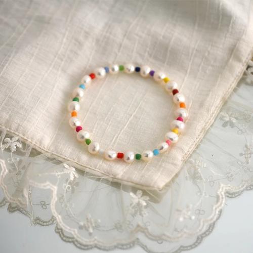 Freshwater Cultured Pearl Bracelet, Freshwater Pearl, with Seedbead, Slightly Round, different size for choice & for woman, more colors for choice, Sold By PC