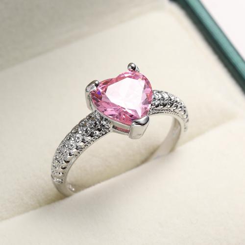 Cubic Zircon Brass Finger Ring with Cubic Zirconia Heart silver color plated & for woman pink nickel lead & cadmium free Sold By PC
