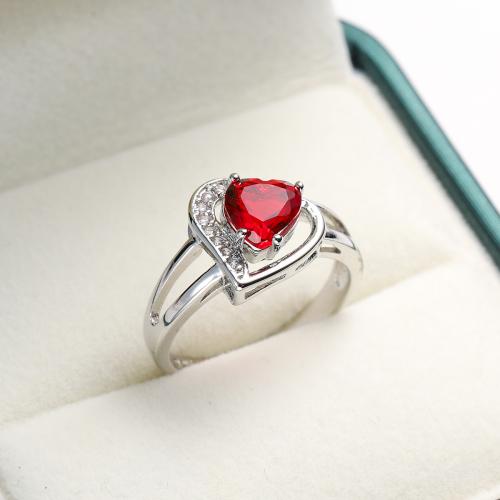 Cubic Zircon Brass Finger Ring, with Cubic Zirconia, Heart, silver color plated, different size for choice & for woman, red, nickel, lead & cadmium free, Sold By PC