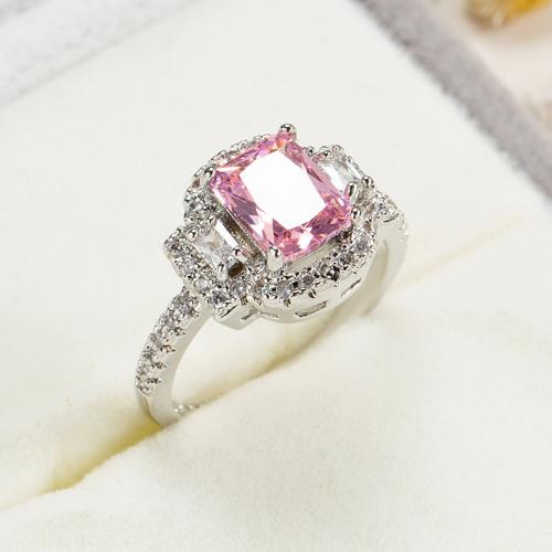 Cubic Zircon Brass Finger Ring with Cubic Zirconia Square silver color plated & for woman pink nickel lead & cadmium free Sold By PC