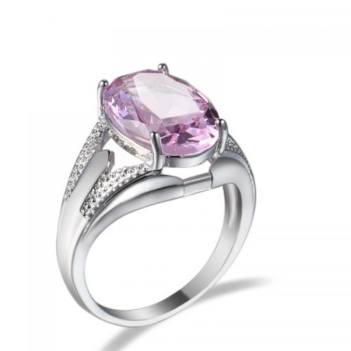 Cubic Zircon Brass Finger Ring with Cubic Zirconia Square silver color plated & for woman pink Sold By PC