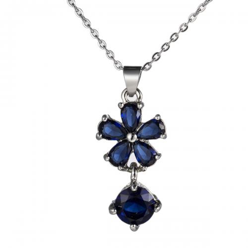 Messing Halskette, mit kubischer Zirkonia, Blume, silberfarben plattiert, für Frau, blau, verkauft von PC