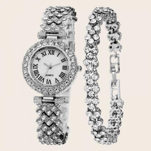 Zinklegierung Armbanduhr, mit Glas, rund, plattiert, chinesische Bewegung & verschiedene Stile für Wahl & für Frau & mit Strass, watch size 200x28mm,bracelet length 180mm, verkauft von PC