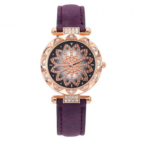 Zinc Alloy Watch Bracelet with PU Leather & Glass Round plated Chinese movement & with flower pattern & for woman & with rhinestone watch size bangle inner diameter 60mm Sold By PC