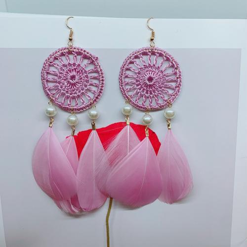 Tibetan Style Drop Earrings, Feather, with Knot Cord & Plastic Pearl & Iron & Tibetan Style, gold color plated, fashion jewelry & Bohemian style & for woman, more colors for choice, 80mm, Sold By Pair