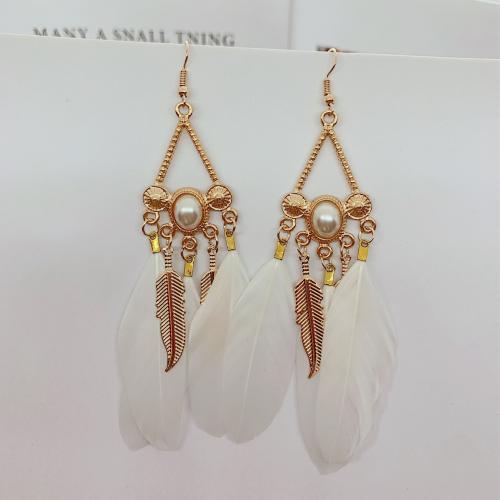 Zinc Alloy Drop Earrings Feather with Plastic Pearl & Zinc Alloy gold color plated fashion jewelry & Bohemian style & for woman 90mm Sold By Pair