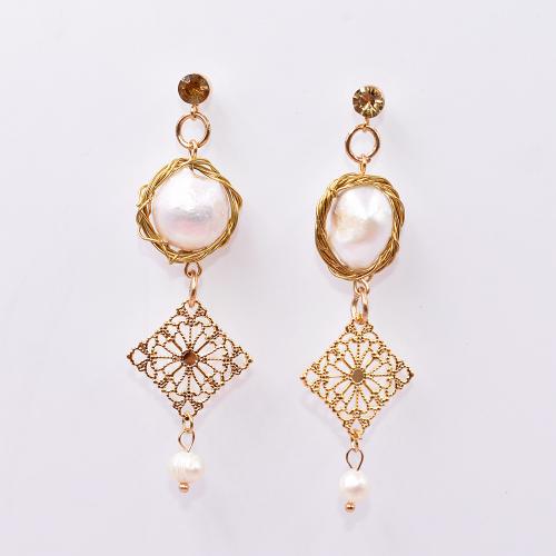 Zinc Alloy Drop Earrings with pearl & 304 Stainless Steel gold color plated fashion jewelry & for woman & with rhinestone & hollow white nickel lead & cadmium free 55mm Sold By Pair