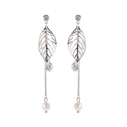 Tibetan Style Drop Earrings, with Cubic Zirconia & Plastic Pearl, Leaf, silver color plated, fashion jewelry & for woman & hollow, nickel, lead & cadmium free, 61mm, Sold By Pair