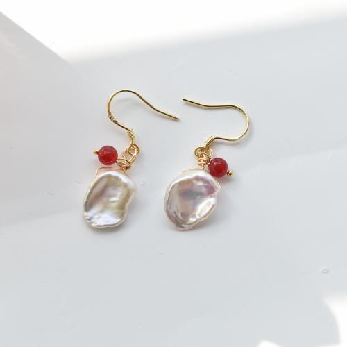 Brass Drop Earring, with pearl & Red Agate, gold color plated, fashion jewelry & for woman, mixed colors, nickel, lead & cadmium free, 35mm, Sold By Pair