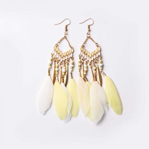 Zinc Alloy Drop Earrings Feather with Seedbead & Zinc Alloy gold color plated fashion jewelry & Bohemian style & for woman & enamel 80mm Sold By Pair