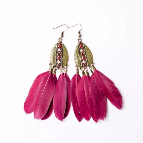 Zinc Alloy Drop Earrings Feather with Zinc Alloy antique bronze color plated fashion jewelry & Bohemian style & for woman & enamel 80mm Sold By Pair