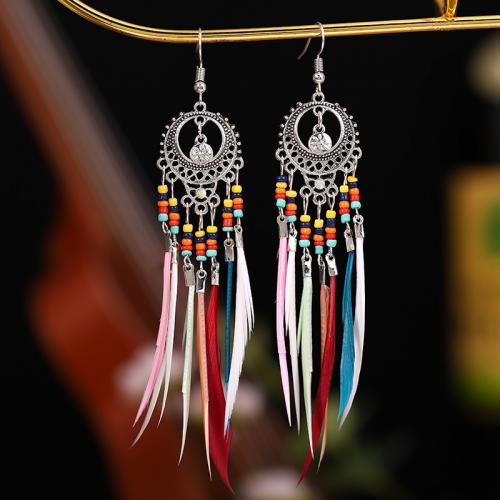 Tibetan Style Drop Earrings, Feather, with Seedbead & Tibetan Style, plated, fashion jewelry & Bohemian style & for woman, more colors for choice, 22x120mm, Sold By Pair