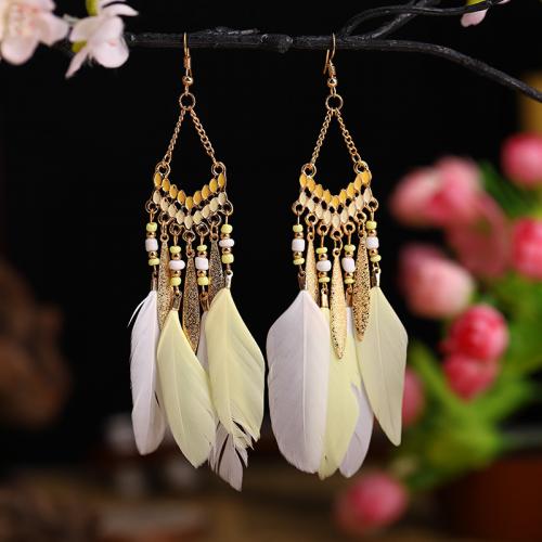 Tibetan Style Drop Earrings, Feather, with Seedbead & Tibetan Style, gold color plated, fashion jewelry & Bohemian style & for woman & enamel, more colors for choice, 28x135mm, Sold By Pair
