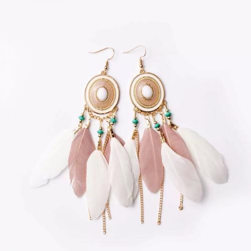 Tibetan Style Drop Earrings, Feather, with Resin & Tibetan Style, gold color plated, fashion jewelry & Bohemian style & for woman & enamel, more colors for choice, 80mm, Sold By Pair