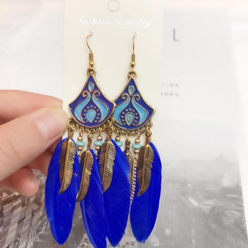 Tibetan Style Drop Earrings, Feather, with Seedbead & Tibetan Style, gold color plated, fashion jewelry & Bohemian style & for woman & enamel, more colors for choice, 120mm, Sold By Pair