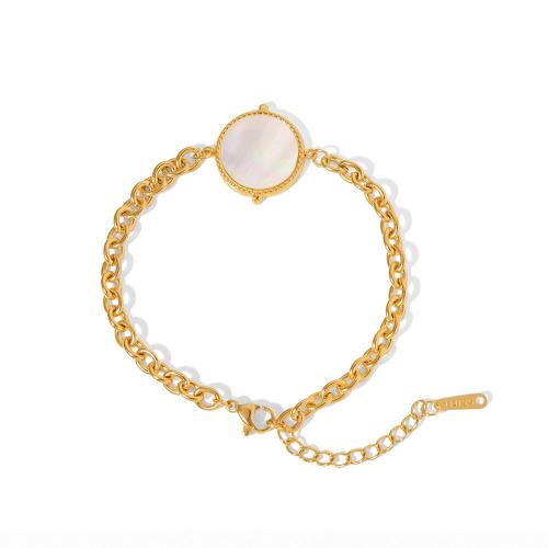 Stainless Steel Jewelry Bracelet, 304 Stainless Steel, with White Shell, with 3.5cm extender chain, 18K gold plated, fashion jewelry & for woman, golden, Sold Per Approx 17.5 cm Strand