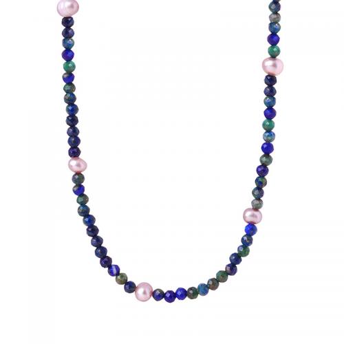 Natural Gemstone Necklace Lapis Lazuli with Freshwater Pearl fashion jewelry & for woman Length Approx 43 cm Sold By PC