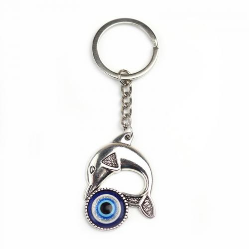 Schlüsselanhänger, Glas, mit Zinklegierung, silberfarben plattiert, Modeschmuck & böser Blick- Muster, blau, 100mm, verkauft von PC
