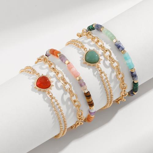 Brass Bracelet & Bangle with Gemstone Chips & Iron & Zinc Alloy Heart gold color plated for woman nickel lead & cadmium free Sold By Set