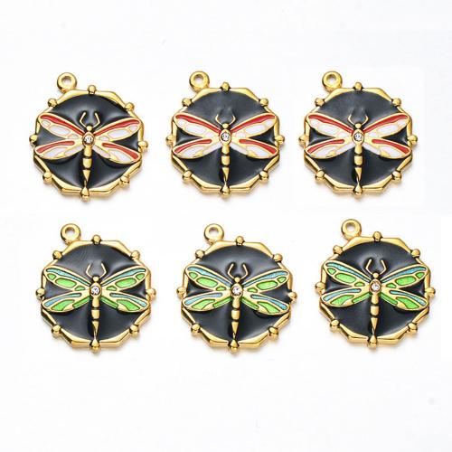 Stainless Steel Animal Pendants, 304 Stainless Steel, Dragonfly, gold color plated, DIY & enamel & with rhinestone, more colors for choice, 18x21mm, 5PCs/Bag, Sold By Bag