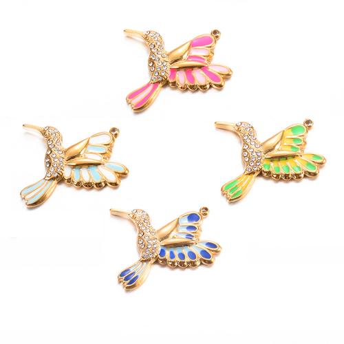 Stainless Steel Animal Pendants 304 Stainless Steel Hummingbird gold color plated DIY & enamel & with rhinestone Sold By Bag
