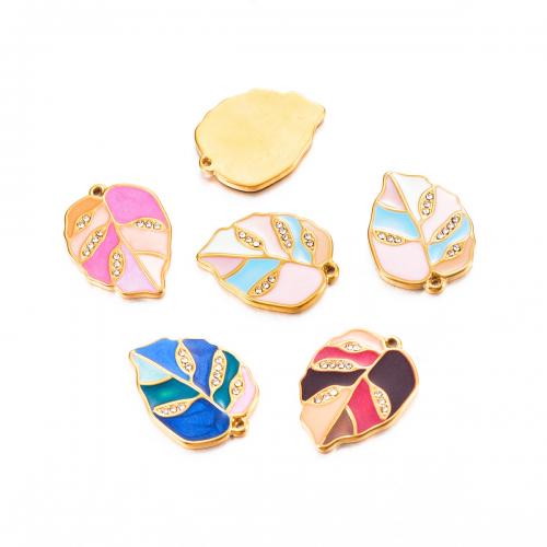Stainless Steel Pendants, 304 Stainless Steel, Leaf, gold color plated, DIY & enamel & with rhinestone, more colors for choice, 16x22mm, 3PCs/Bag, Sold By Bag