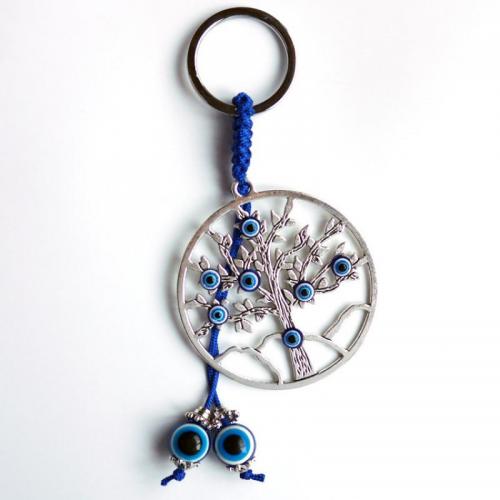 Porte-clés, alliage de zinc, avec corde en nylon & résine, arbre, Placage de couleur argentée, unisexe & motif de mauvais œil, bleu, 130x55mm, Vendu par PC