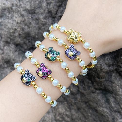 Cubic Zirconia Micro Pave Brass Bracelet, with Plastic Pearl, Bear, plated, fashion jewelry & micro pave cubic zirconia, more colors for choice, nickel, lead & cadmium free, Length:18 cm, Sold By PC