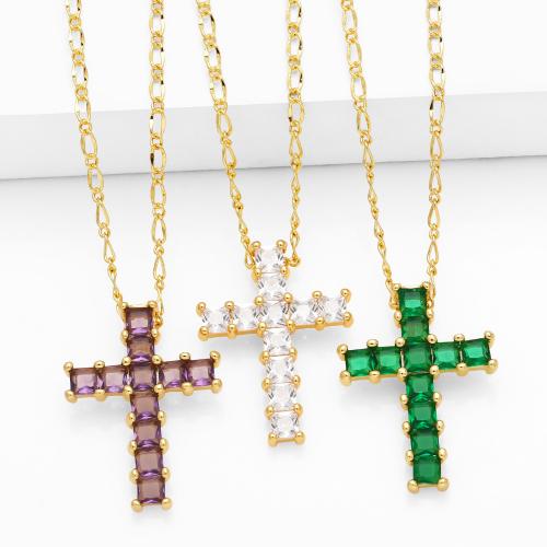 Cubic Zircon Micro Pave Brass Necklace with 5cm extender chain Cross plated fashion jewelry & micro pave cubic zirconia nickel lead & cadmium free Length 45 cm Sold By PC