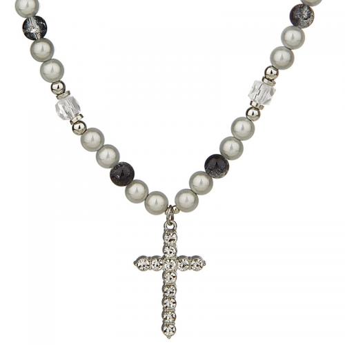 Zinklegierung Schmuck Halskette, mit Harz & Kunststoff Perlen, mit Verlängerungskettchen von 5CM, Kreuz, plattiert, für Frau, weiß, Länge:ca. 44 cm, verkauft von PC