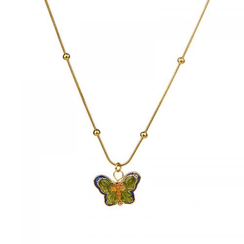 Edelstahl Schmuck Halskette, 304 Edelstahl, mit Zinklegierung, mit Verlängerungskettchen von 5CM, Schmetterling, plattiert, für Frau & Emaille, Goldfarbe, Länge:ca. 40 cm, verkauft von PC