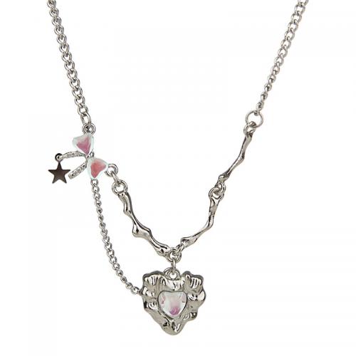 Stainless Steel Jewelry Necklace 304 Stainless Steel with Moonstone & Zinc Alloy with 5CM extender chain Heart plated for woman silver color Length Approx 39 cm Sold By PC