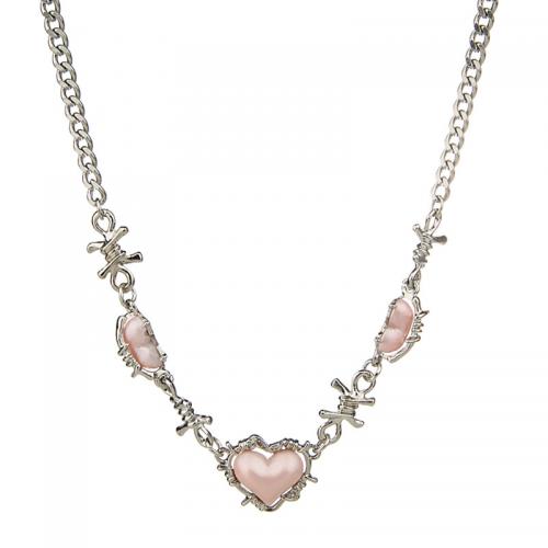 Stainless Steel Jewelry Necklace 304 Stainless Steel with Resin & Zinc Alloy with 5CM extender chain Heart plated for woman silver color Length Approx 40 cm Sold By PC
