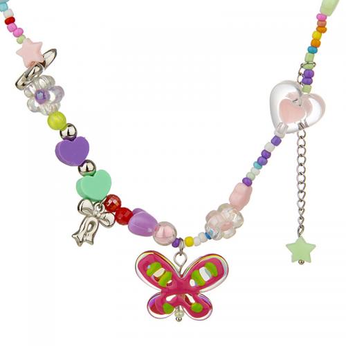 Edelstahl Schmuck Halskette, 304 Edelstahl, mit Nylonschnur & Acryl, mit Verlängerungskettchen von 5CM, Schmetterling, plattiert, für Frau, farbenfroh, Länge:ca. 36 cm, verkauft von PC