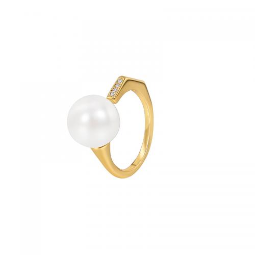 Cubic Zirconia Micro Pave Brass Ring with Shell Pearl plated micro pave cubic zirconia & for woman golden Sold By PC