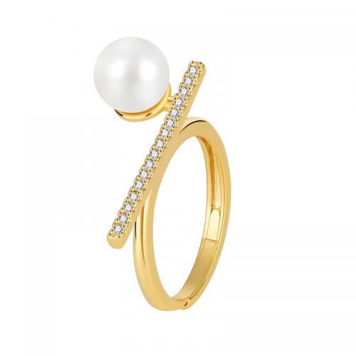 Cubic Zirconia Micro Pave Brass Ring, with Shell Pearl, plated, different size for choice & micro pave cubic zirconia & for woman, golden, Sold By PC