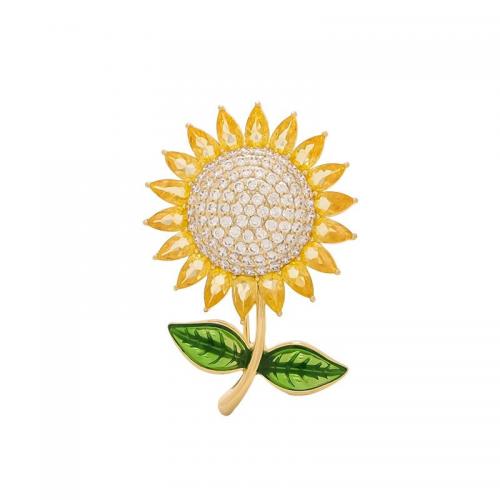 Tibetan Style Brooches, with Rhinestone, Sunflower, fashion jewelry & for woman & enamel & with rhinestone, nickel, lead & cadmium free, 37x25mm, Sold By PC