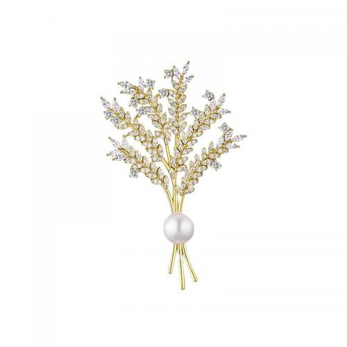 Tibetan Style Brooches, with Rhinestone & Plastic Pearl, fashion jewelry & for woman & with rhinestone, golden, nickel, lead & cadmium free, 65x44mm, Sold By PC
