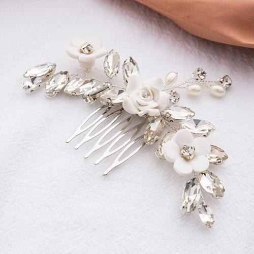 Decorative Hair Combs, Iron, with Crystal & Resin, fashion jewelry & for woman, silver color, nickel, lead & cadmium free, 125x75mm, Sold By PC